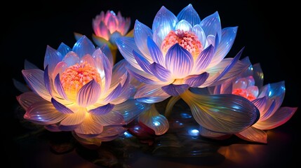 Vibrant collection of illuminated blue lotus flowers, AI-generated.