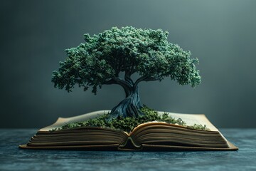 Symbolic tree silhouette within open book.