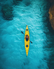 a man in a yellow kayak paddling across a body of water