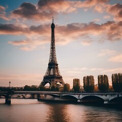the eiffel tower is silhouetted against a sunset sky