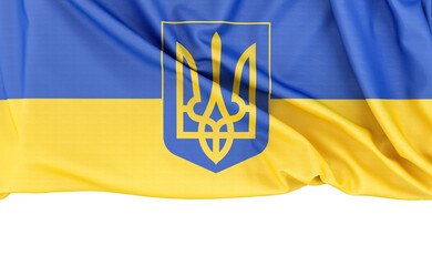 Flag of Ukraine with Coat of Arms isolated on white background with copy space below. 3D rendering