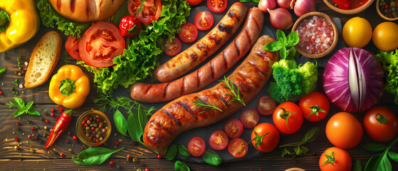 Hyperrealistic Anime style of Grilled mixed various German style sausage , Pink Salt ,black pepper - obrazy, fototapety, plakaty