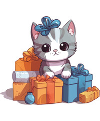 Adorable Kitten With Bow Surrounded By Boxes