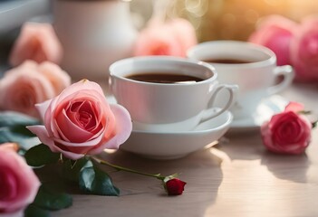 Fototapeta na wymiar AI generated illustration of cups of coffee with pink roses