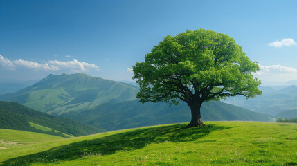 tree stands on the grassy green hillside, with blue sky and white clouds in the background
