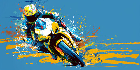 motorcyclist racer on a sports bike in dynamic motion against an abstract background in grunge style. Concept: speed and competition, bikers and adrenaline