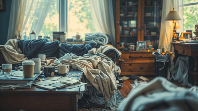 AI generated illustration of a messy living room with a couch and a table with two cups of coffee