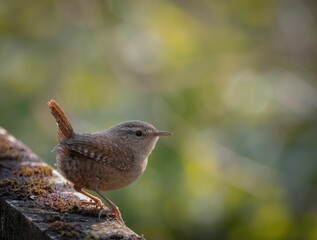 Shallow focus shot of a beautiful wren bird perching on a stone surface in a park