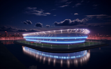 AI generated illustration of a nighttime view of illuminated stadium - obrazy, fototapety, plakaty