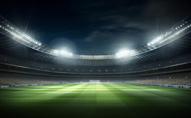 Fototapeta na wymiar AI generated illustration of a nighttime view of an illuminated, vacant soccer stadium
