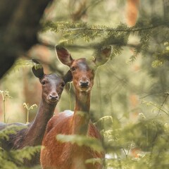 Shallow focus shot of two red deer standing among green plants in the woods on a sunny day