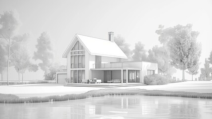Modern, cosy house by the river with a garage, for sale or rent, depicted in a 3D rendering sketch. Soft light shadows and a black line drawing on a white background
