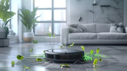 robot vacuum cleaner is used in the living room to remove various sized dust particles, mold, bacteria, and other airborne particles. Concept of vacuum cleaner filtering and cleaning