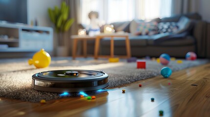 A 3D robot uses a vacuum to scan toys on a wooden floor covered in carpet. ability to set boundaries or identify obstacles is an electronic cleaner feature. - obrazy, fototapety, plakaty