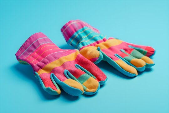 AI generated illustration of a pair of colorful gardening gloves on a blue surface