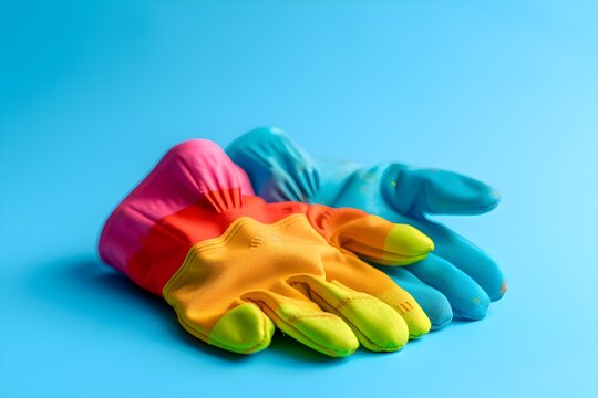 AI generated illustration of colorful gardening gloves on a light blue surface