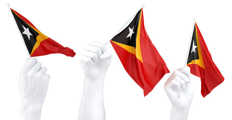 Hands waving East Timor flags isolated on white