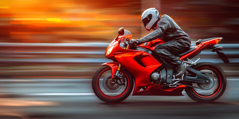 motorcyclist racer on a sports bike in dynamic motion against an abstract background in grunge style. Concept: speed and competition, bikers and adrenaline - obrazy, fototapety, plakaty
