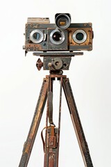 An antique film camera set on a tripod, isolated on a white background - obrazy, fototapety, plakaty