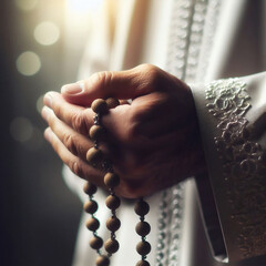 close up on hand holding rosary - 781952103