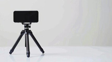 Isolated black smartphone with tripod against white backdrop