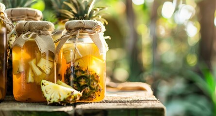 Bottles with Homemade Fermented mexican pineapple Tepache. Crafted raw kombucha tea with pineapple. Healthy natural probiotic flavored drink concept,  Food commercial image, free place for text 