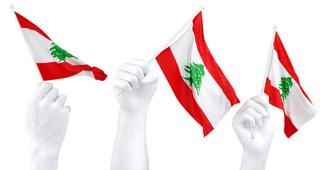 Hands waving Lebanon flags isolated on white