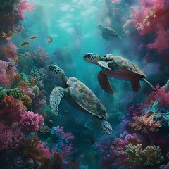 AI generated illustration of a turtle gracefully glides through vibrant coral reef