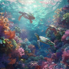 AI generated illustration of turtles gracefully glide through vibrant coral reefs