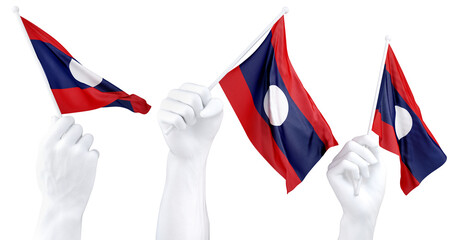 Hands waving Laos flags isolated on white