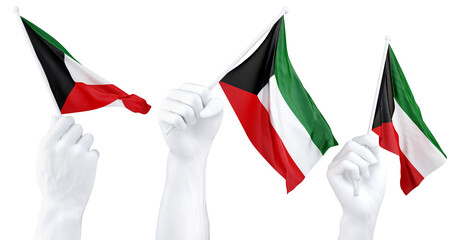 Hands waving Kuwait flags isolated on white