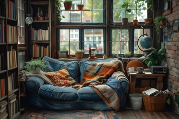 AI generated illustration of an outdoor living area with books and plants in a cozy corner
