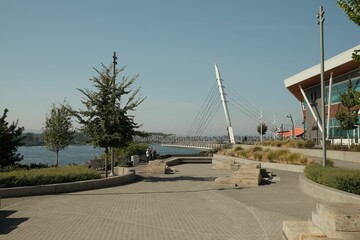 Beautiful view of the Vancouver waterfront in Washington,on a sunny day,with a green grass and trees