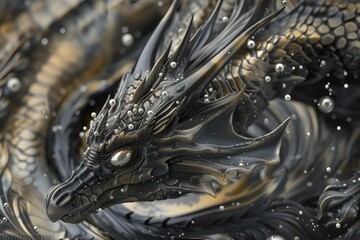 a metal dragon sculpture with a water splash in the back