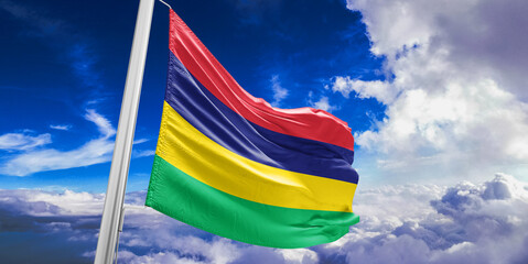 Mauritius national flag cloth fabric waving on beautiful Blue Sky Background.