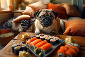 a dog is staring at sushi on the tray with other sushi items - obrazy, fototapety, plakaty