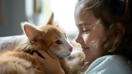 AI generated illustration of a young girl embracing a ginger cat in a cozy domestic setting