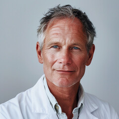headshot of a 50 year old white medical professional. Light Neutral background, good skin