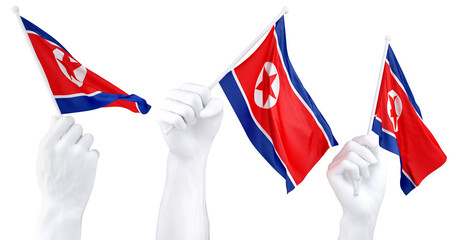 Hands waving North Korea flags isolated on white