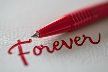 the pen is writing the word forever in red ink on the piece of paper