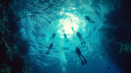 Group of people learning to dive in a pure blue ocean  - obrazy, fototapety, plakaty