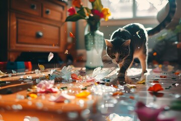 cat sniffing through the debris on floor next to vase with flowers - obrazy, fototapety, plakaty