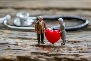 Miniature people elderly senior retired couple with doctor's stethoscope and shinny red heart on wooden table, health care, medical exam or cardiology. medical insurance concept.  - Powered by Adobe