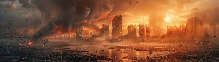 An eerie depiction of a post-apocalyptic world with the words game over integrated into the artwork.