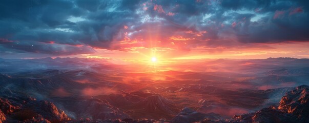 Create a cinematic scene of a dramatic sunset over a remote plateau, with rich colors and dynamic...