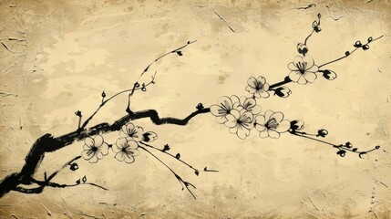 Vintage Japanese Cherry Blossom Illustration on Parchment
