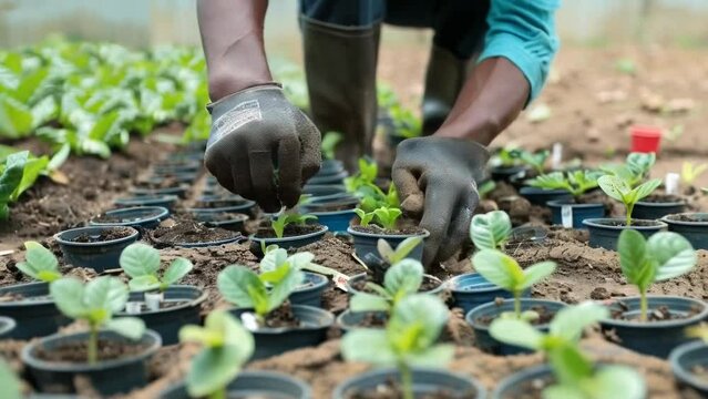 A man is planting seedlings in a garden. He is wearing gloves and is bending over to plant the seedlings