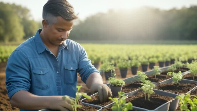 A man is tending to a field of plants. He is kneeling down and touching the plants.