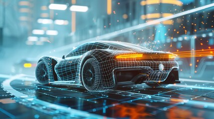 Concept of futuristic automobile technology with 3D illustration and wireframe intersection