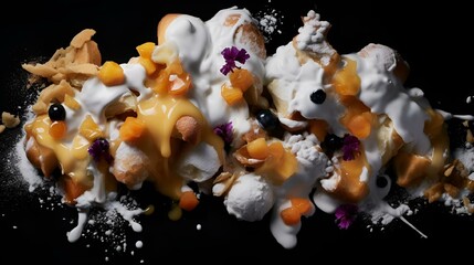 an assortment of desserts topped with cream and sauce on a black background